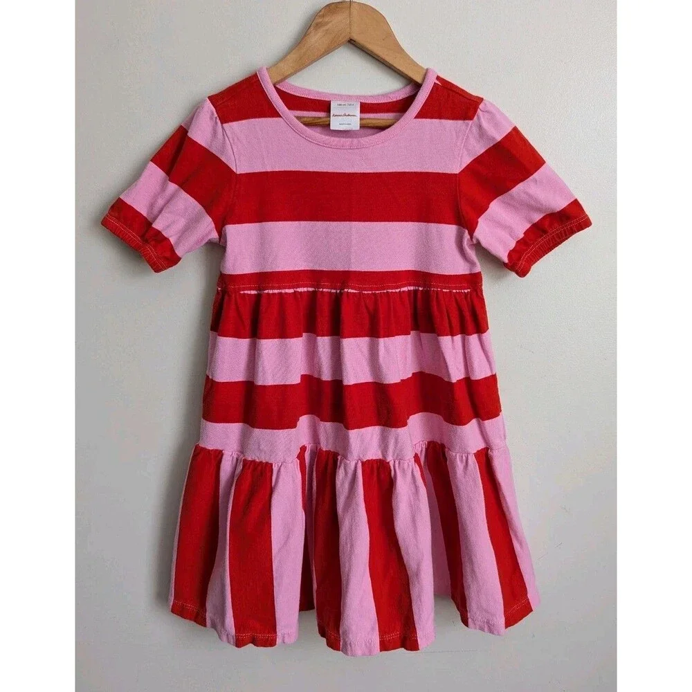 Hanna Andersson Girls 4 Striped Twirl Power Dress Red Pink 100% Cotton Knit